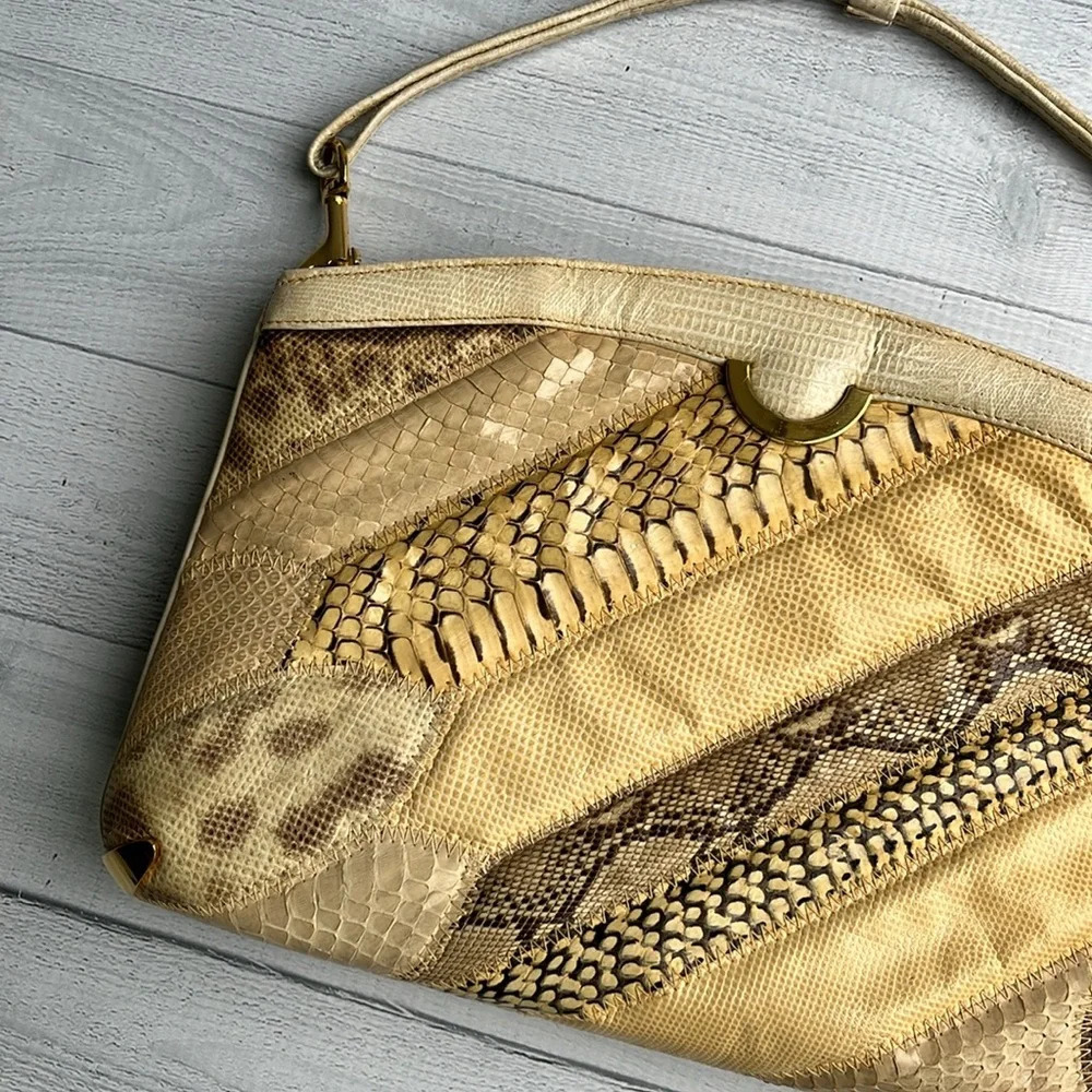 Vintage 80s Bag By Supreme Beige Snakeskin Print Handbag - Picture 2 of 7